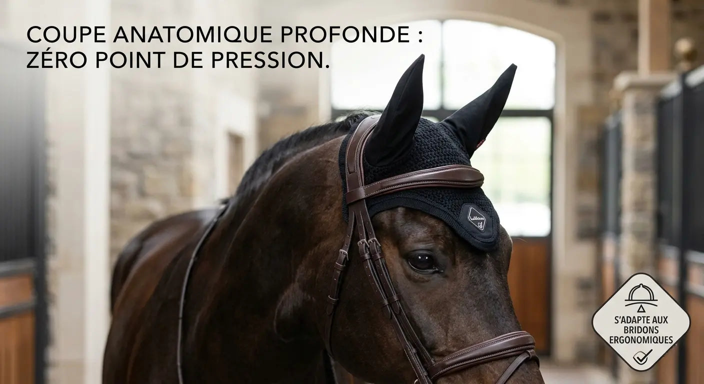 Bonnet anti-mouches noir LeMieux à coupe anatomique sous le bridon pour le confort des oreilles.