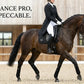 Cheval de sport au travail portant le bonnet anti-mouches noir LeMieux Ultra Mesh premium.