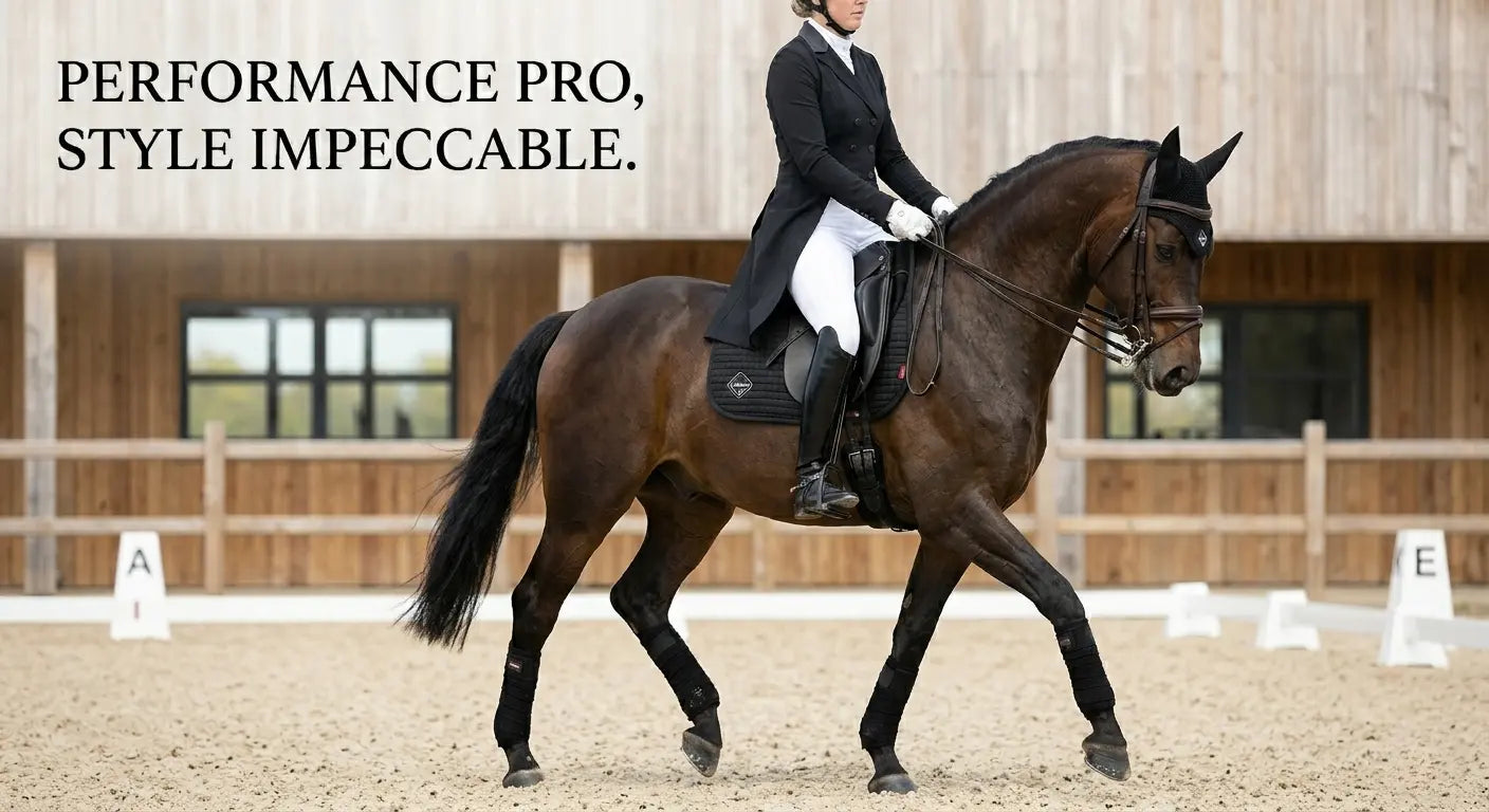 Cheval de sport au travail portant le bonnet anti-mouches noir LeMieux Ultra Mesh premium.