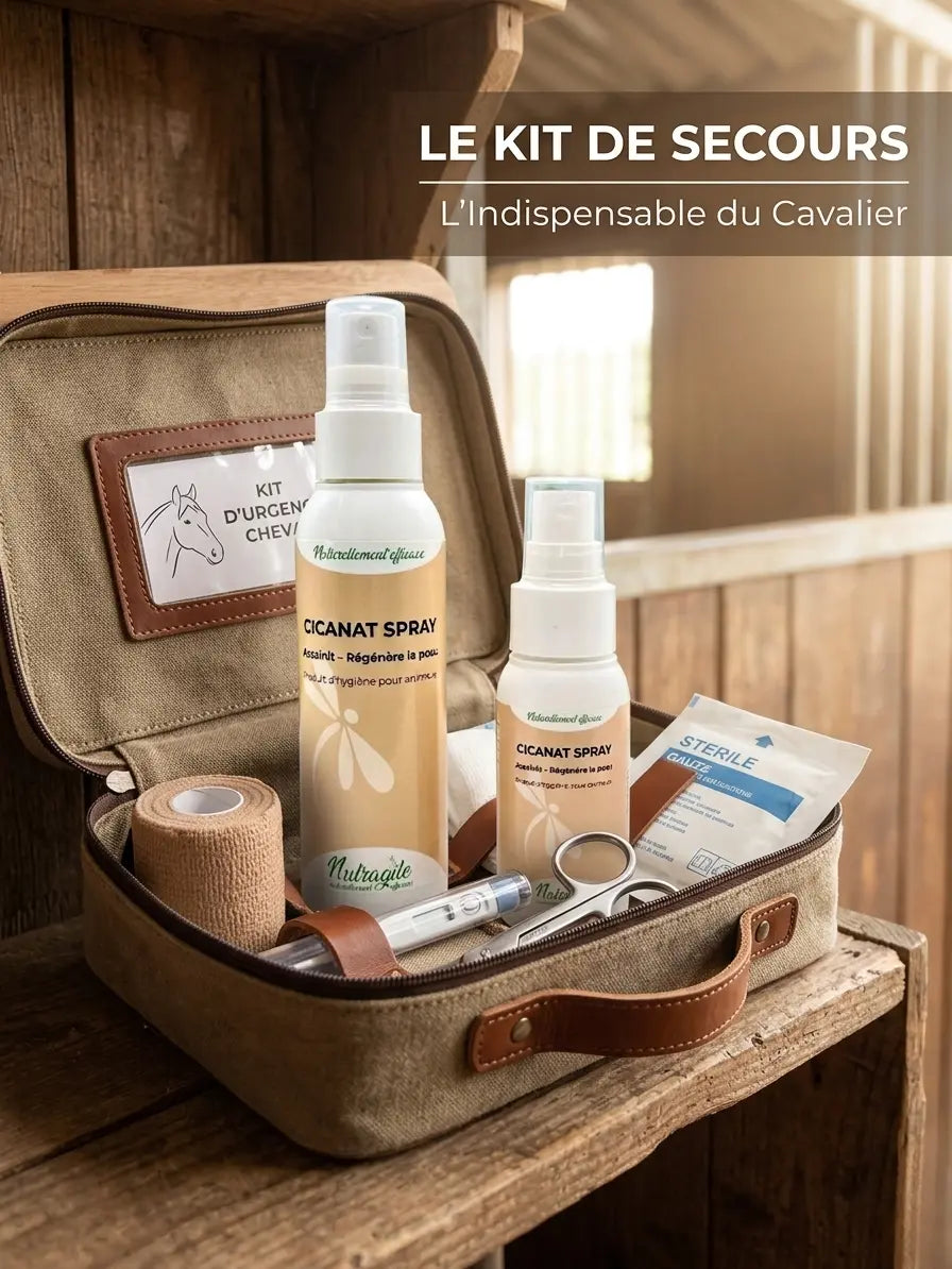 Spray Cicanat indispensable dans la trousse de soins et pharmacie du cheval.