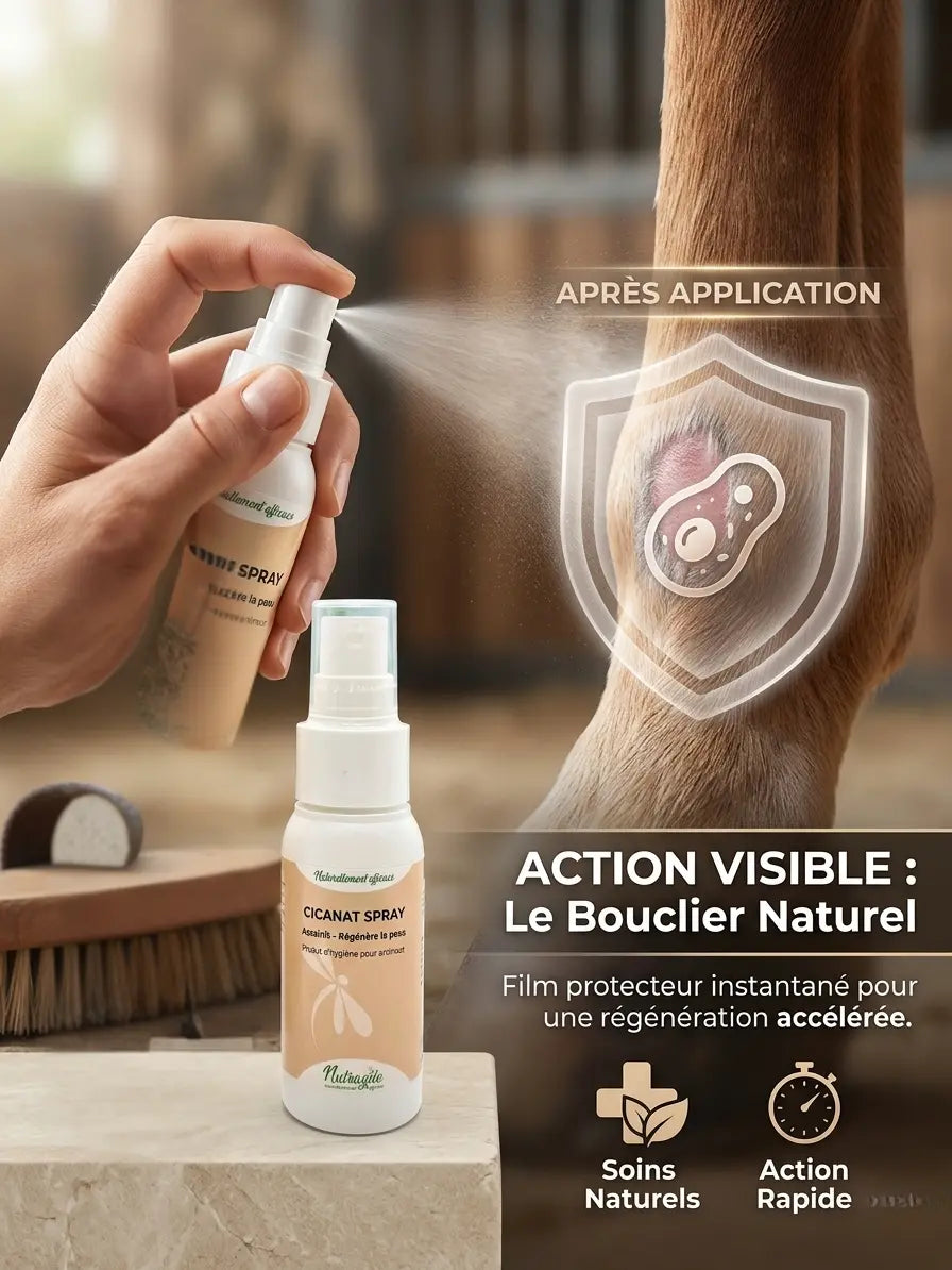 Application facile du spray cicatrisant Cicanat sur les membres du cheval.