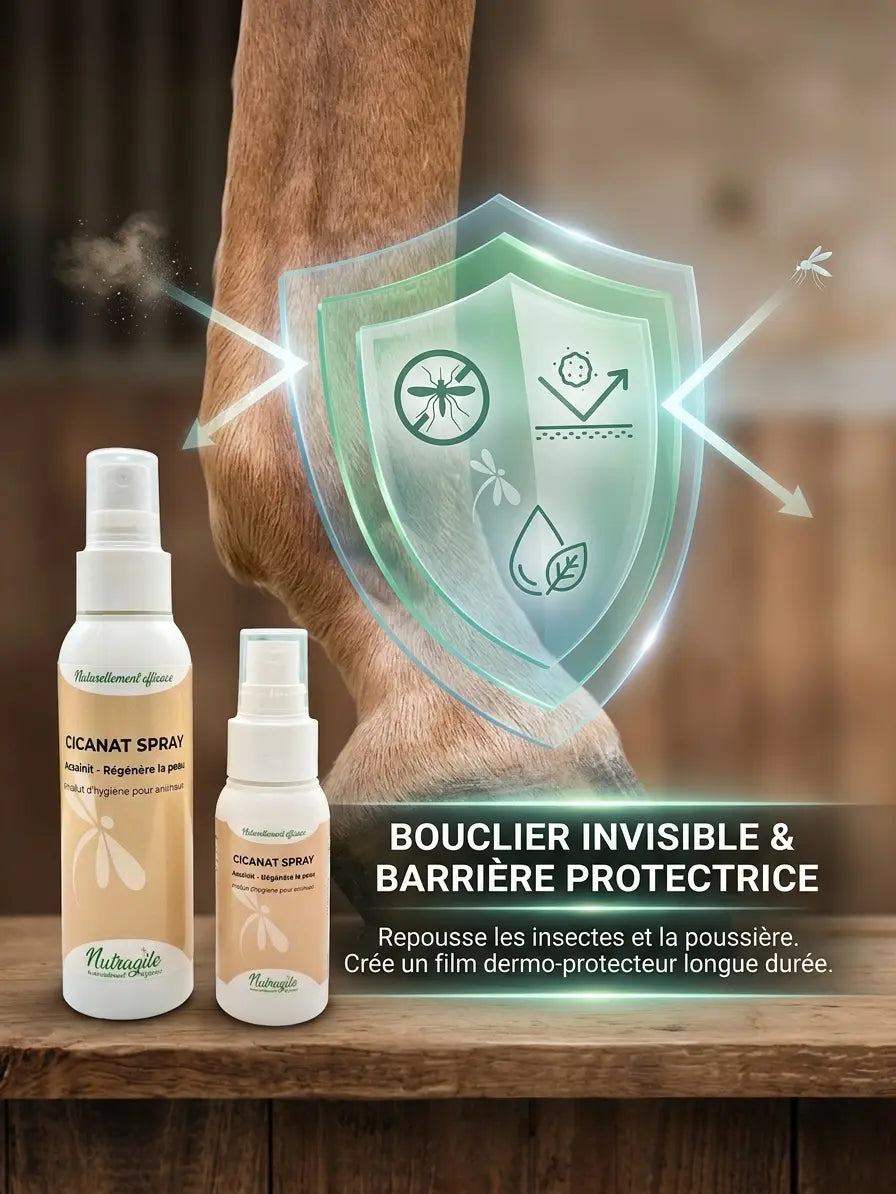 Spray Cicanat protection contre insectes et poussière sur plaie équine.