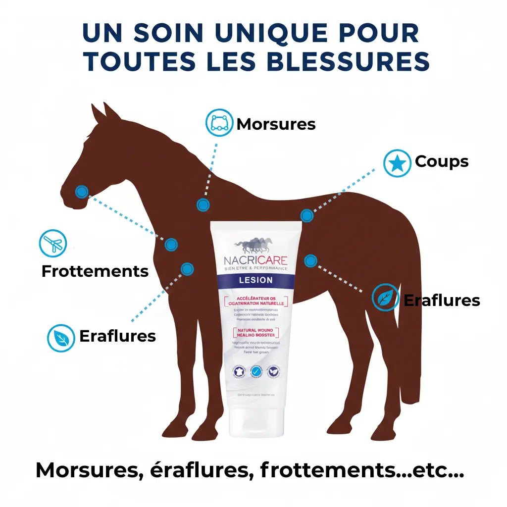 Zones d'application crème Lesion Nacricare sur le corps du cheval