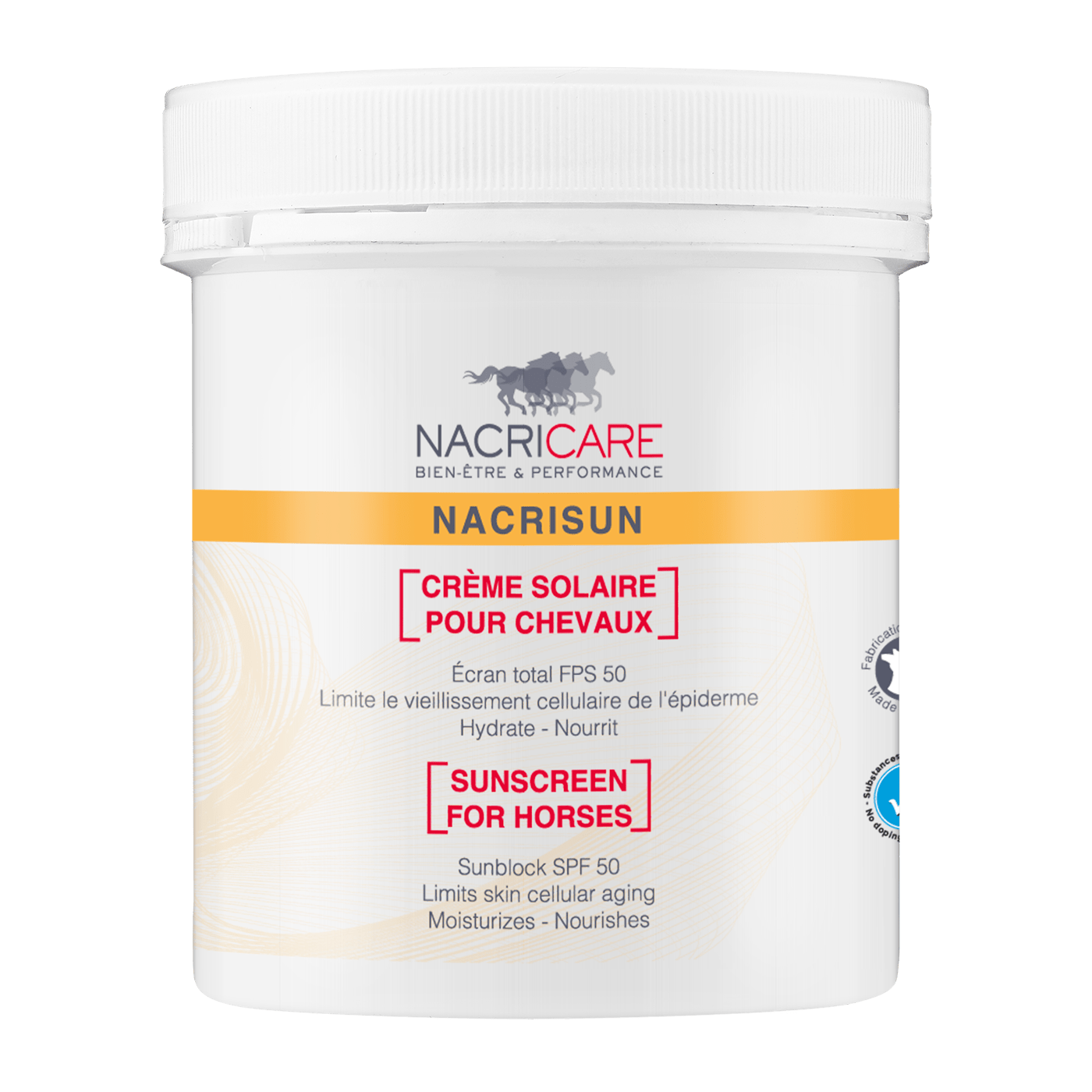 Pot de 200ml de crème solaire Nacrisun de la marque Nacricare pour prévenir les brûlures des chevaux, poneys et des ânes soumis à une exposition solaire prolongée. 