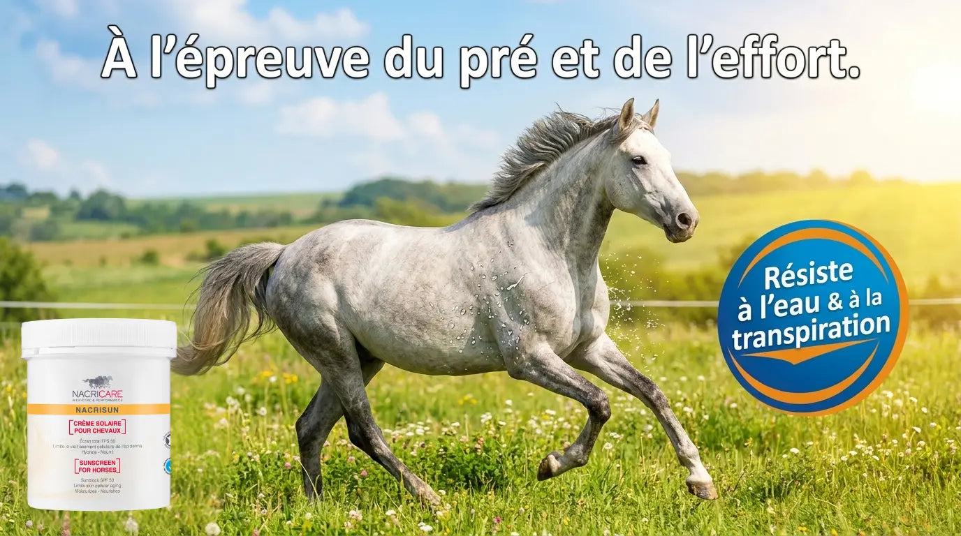 Protection solaire longue durée résistante à l'eau pour cheval au pré.