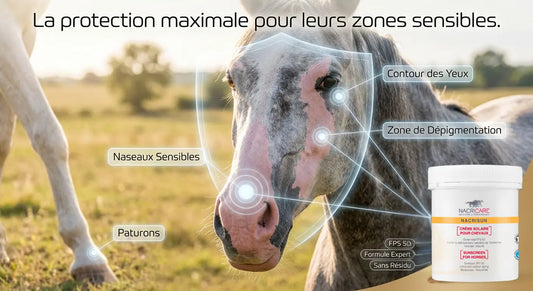Crème solaire Nacrisun pour protéger les naseaux roses et paturons sensibles du cheval.