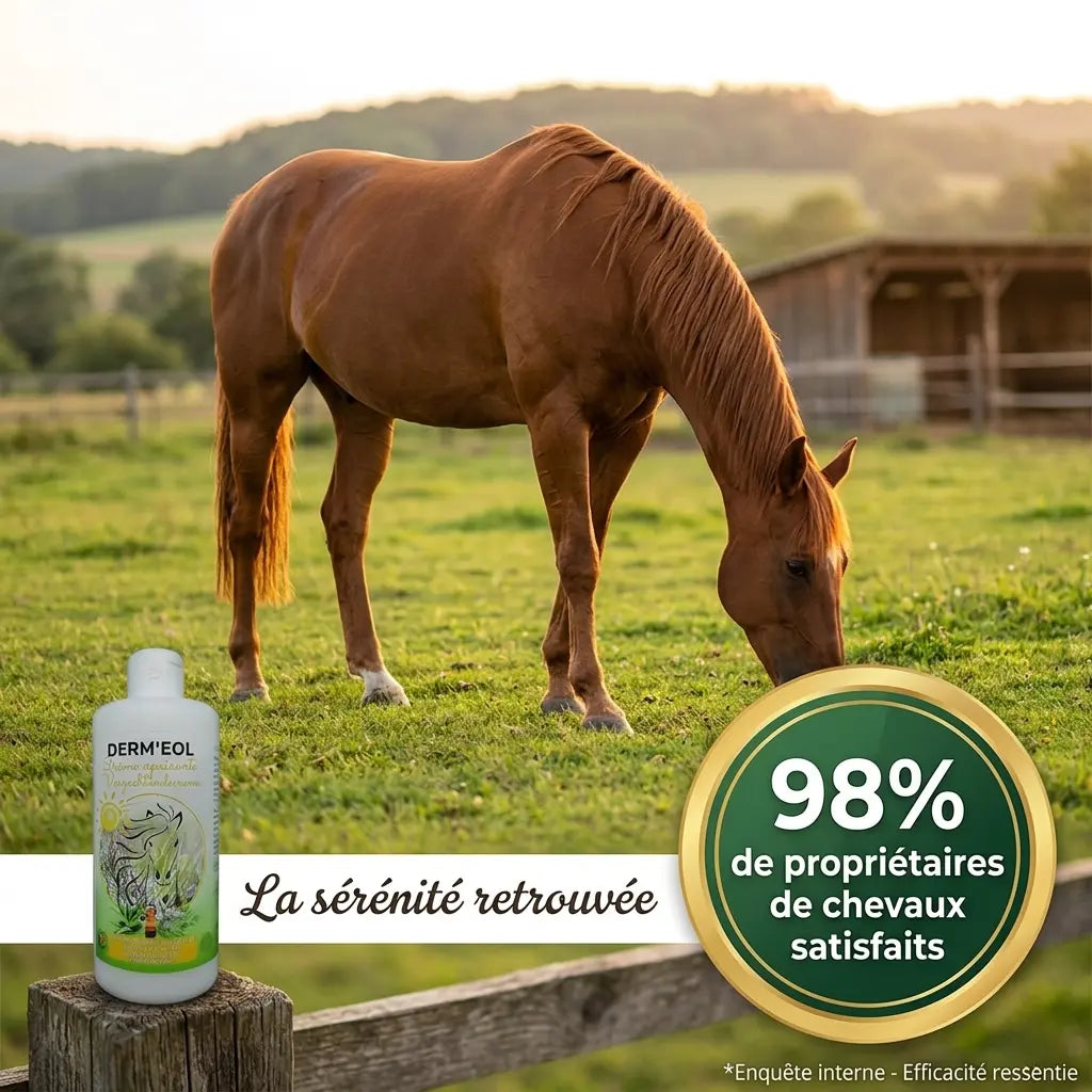 Cheval serein au pré grâce au soin Dermeol contre la dermite estivale.