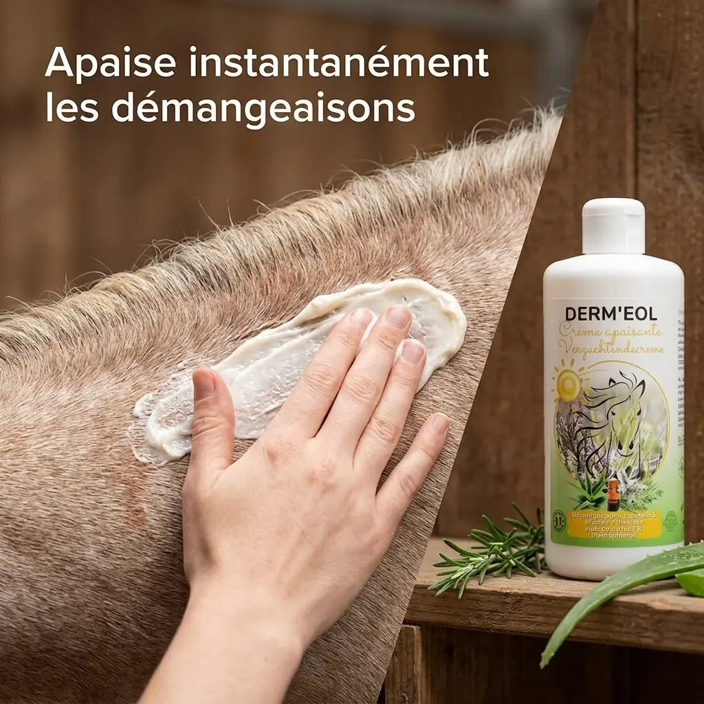 Application de la crème apaisante Dermeol sur la peau d'un cheval.