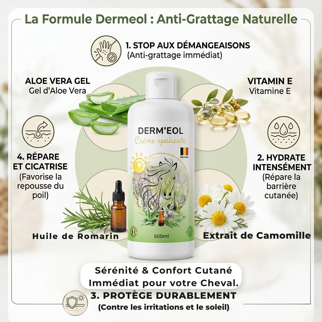 Bénéfices Dermeol : crème naturelle pour stopper les démangeaisons du cheval.