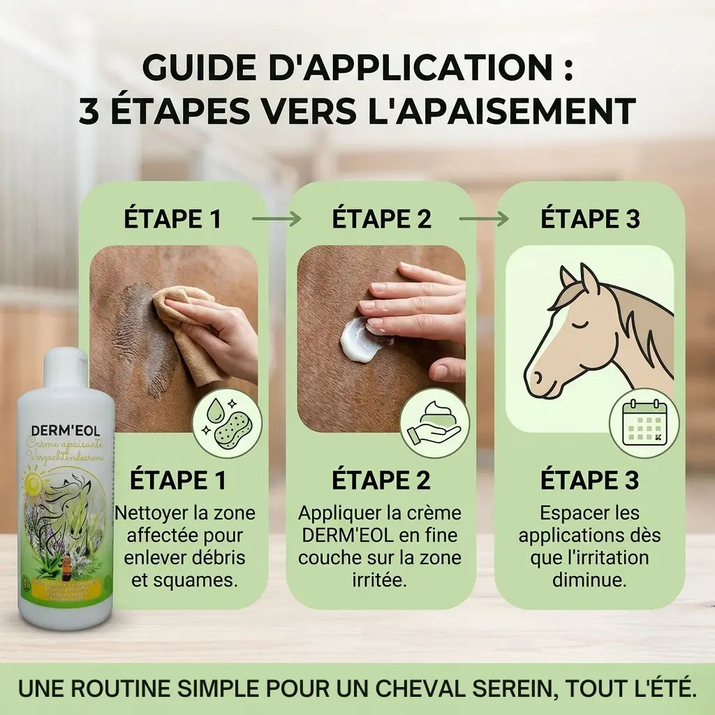 Mode d'emploi simple de la crème Dermeol pour apaiser la peau du cheval.