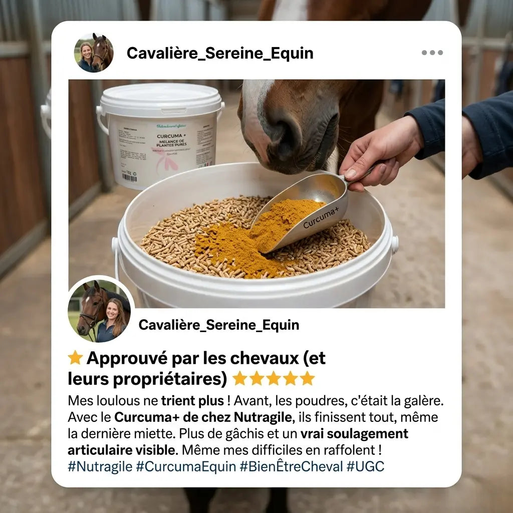 Avis client positif sur le curcuma Equinspiration pour cheval difficile.