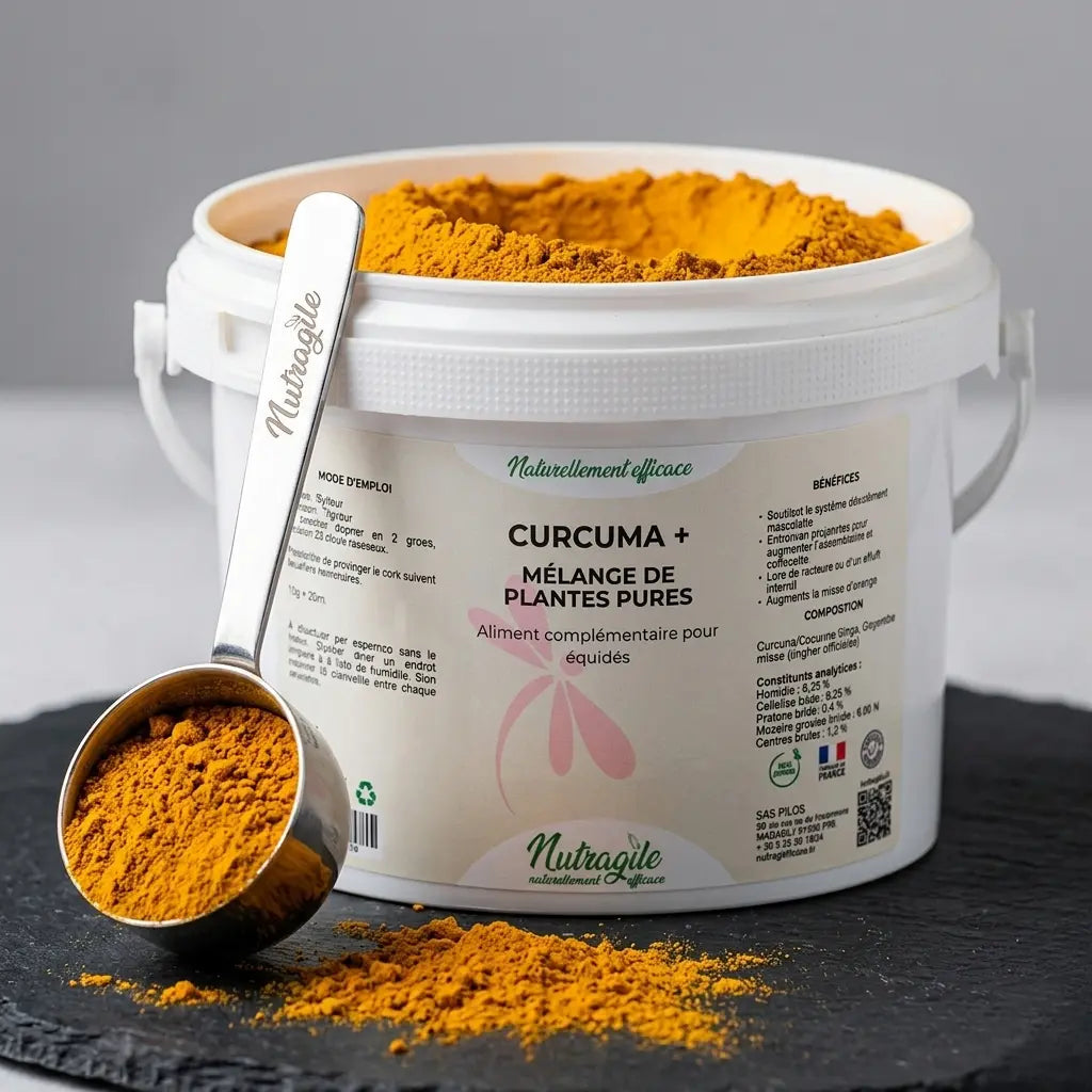 Poudre de curcuma pure pour cheval, complément naturel haute qualité.