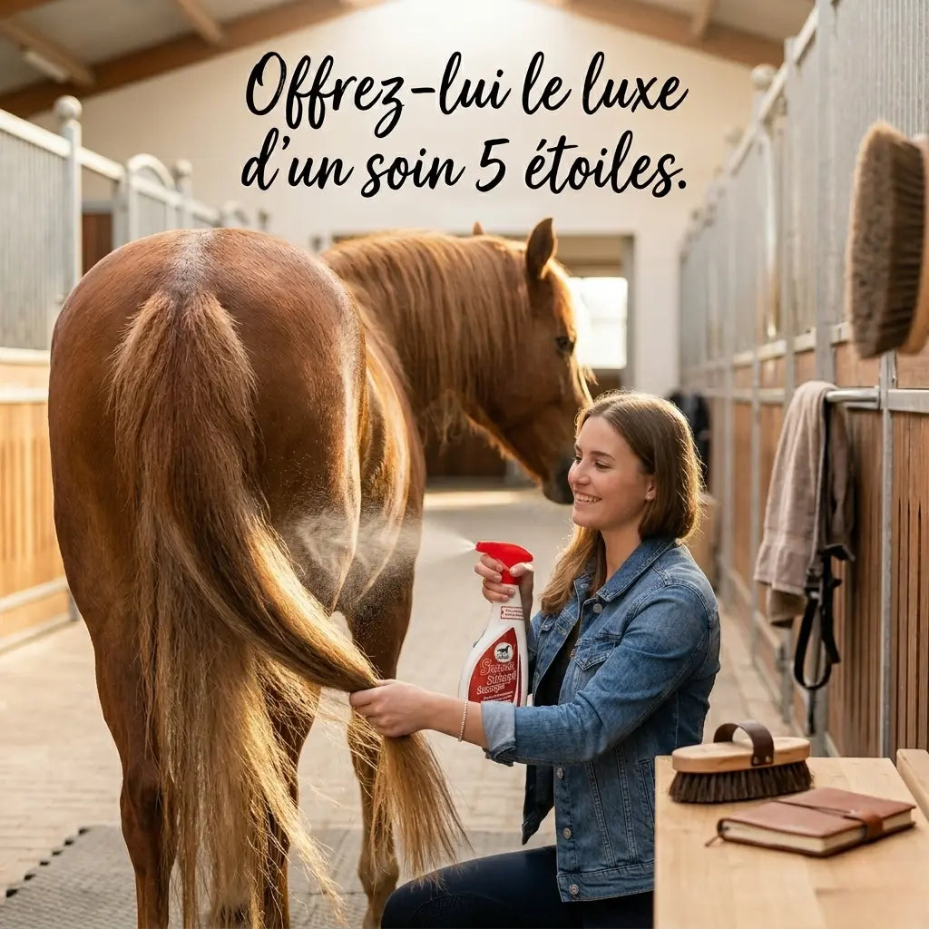 Cavalier utilisant le spray démêlant Leovet pour un moment de pansage premium.