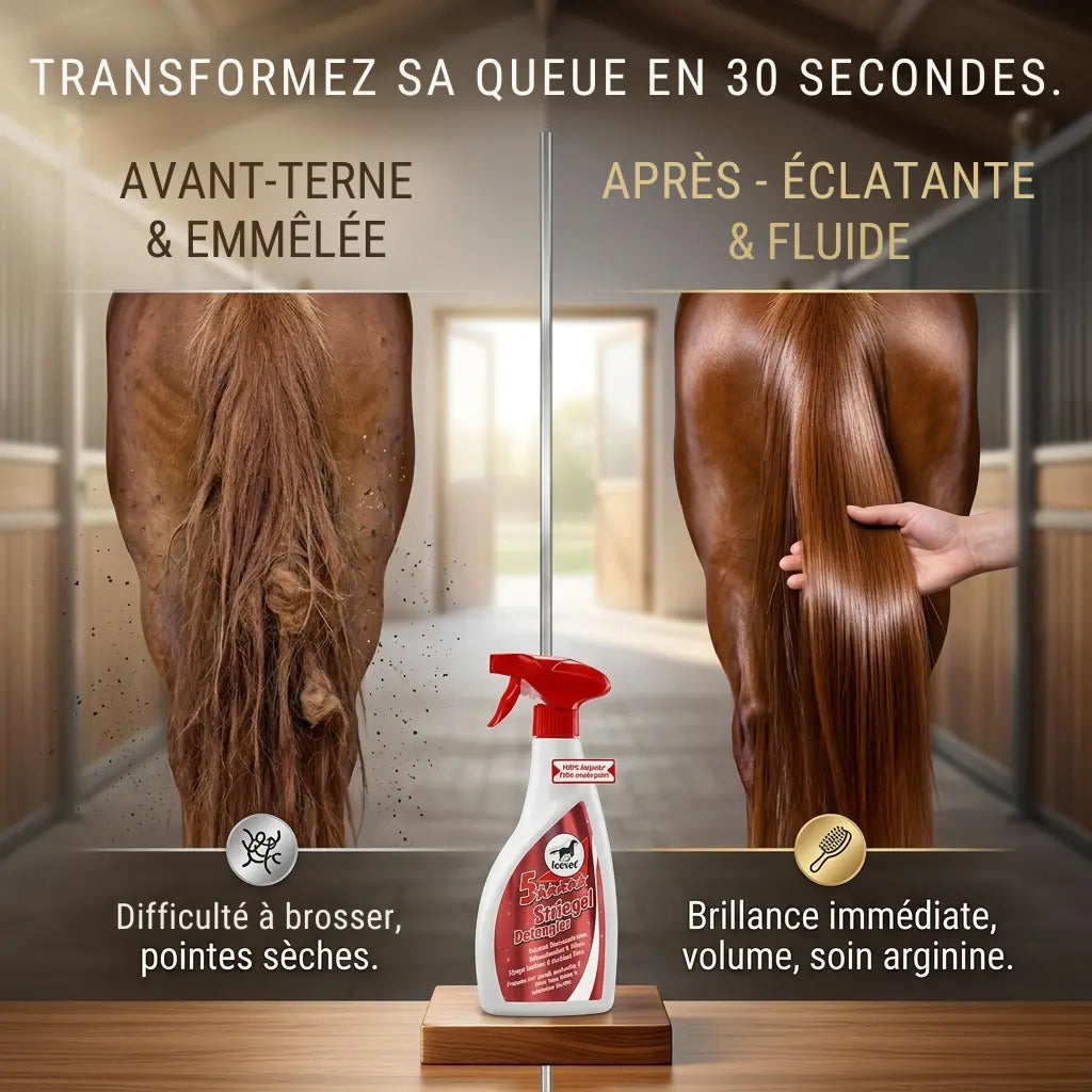 Comparaison avant après utilisation du démêlant Leovet 5 étoiles sur un cheval 