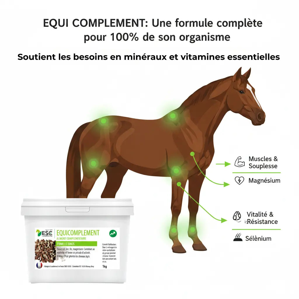 Infographie des bienfaits du CMV EquiComplément sur les muscles et les sabots du cheval.
