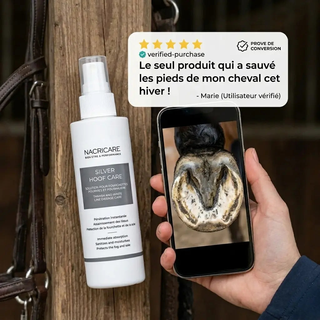 Avis client positif sur l'efficacité du soin Silver Hoof Care Equinspiration.