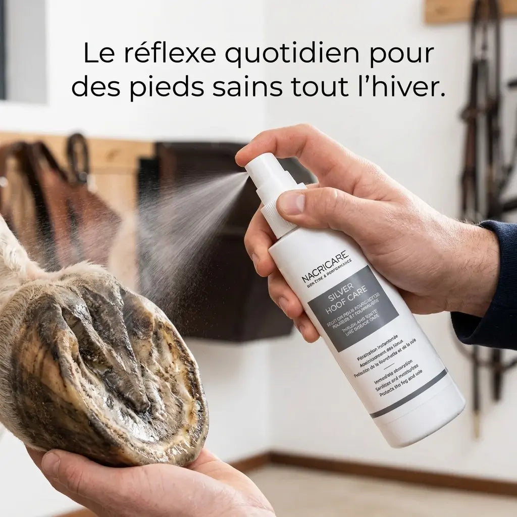 Soin rapide du sabot au box avec Silver Hoof Care pour cheval.