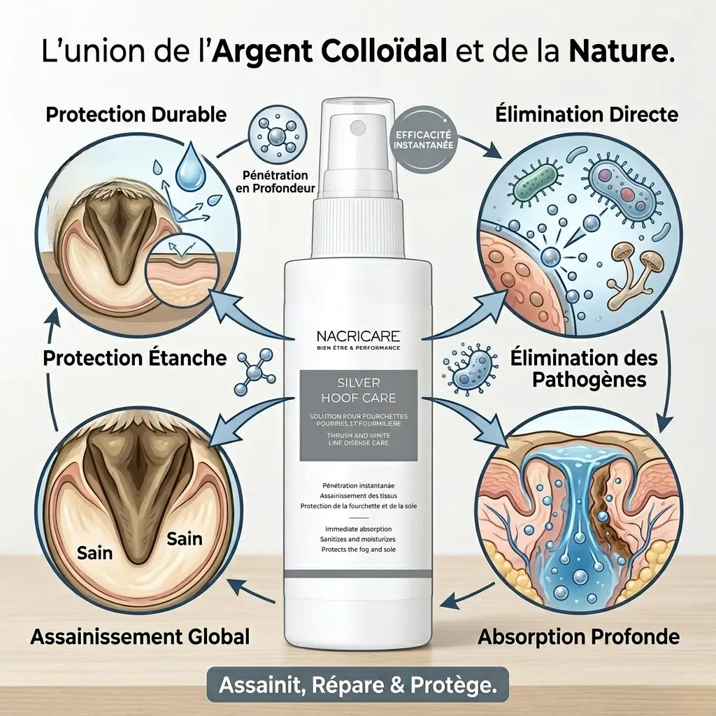 Schéma d'action profonde du soin Silver Hoof Care contre les bactéries du sabot.