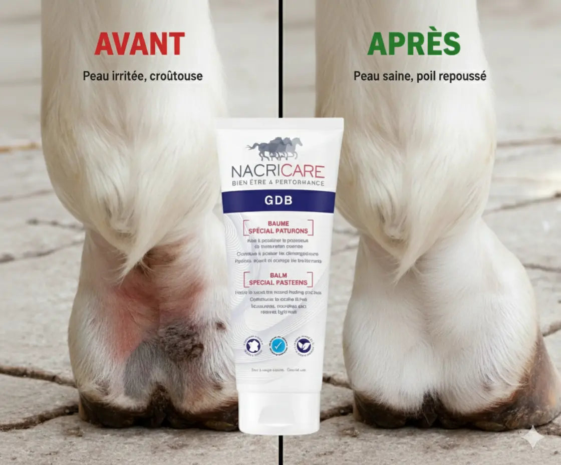 Avant/Après traitement gale de boue cheval avec le baume GDB Nacricare.