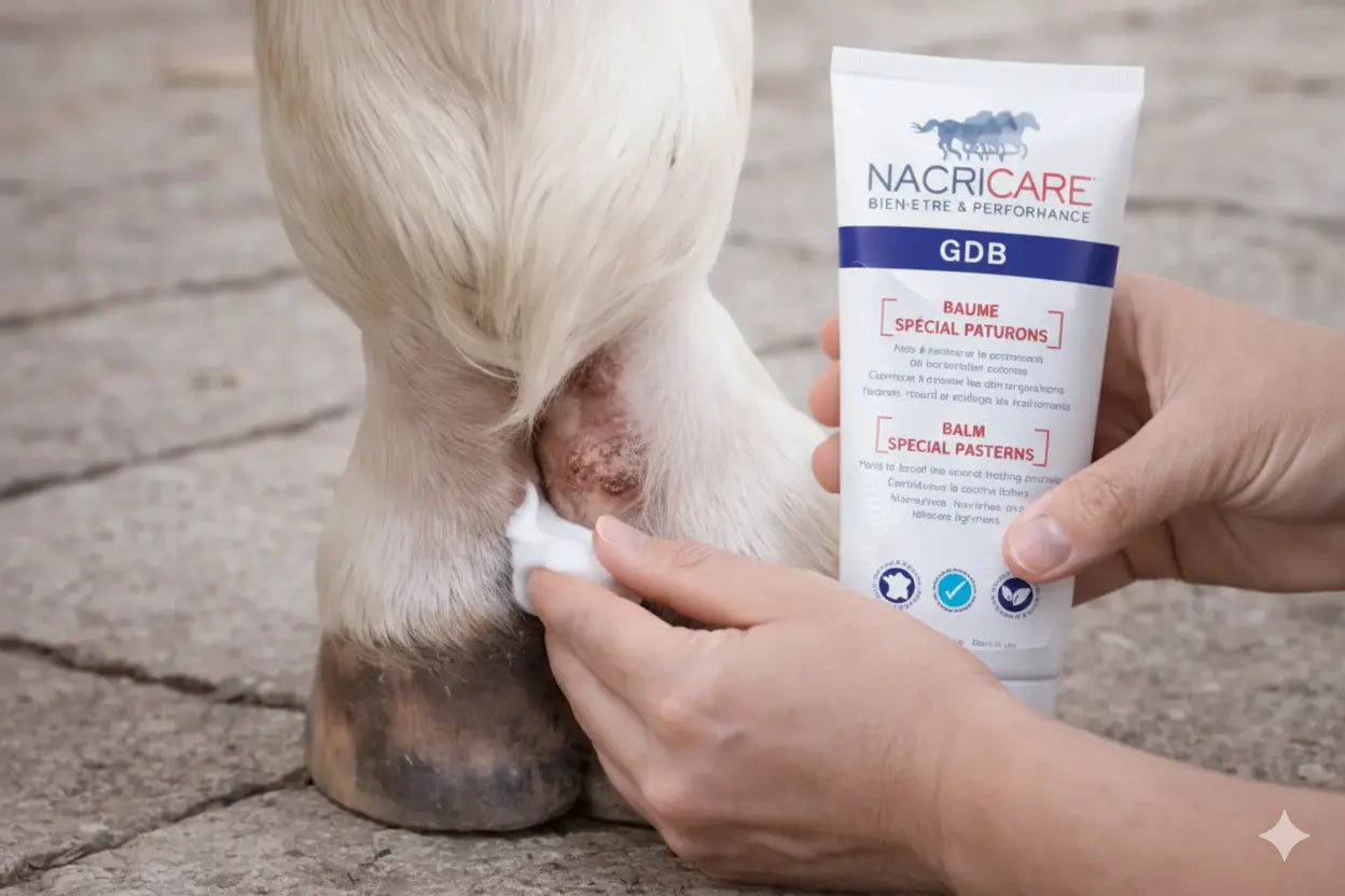 Application du baume Nacricare sur les paturons d'un cheval pour soigner la gale de boue.
