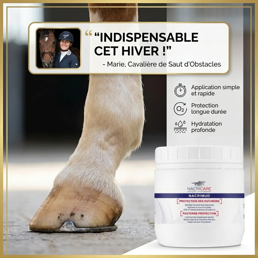 Cavalier utilisant la crème Nacrimud pour protéger son cheval au pré.