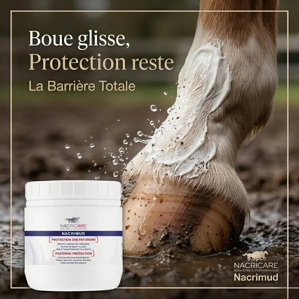 Crème Nacrimud : barrière protectrice contre la boue pour chevaux.