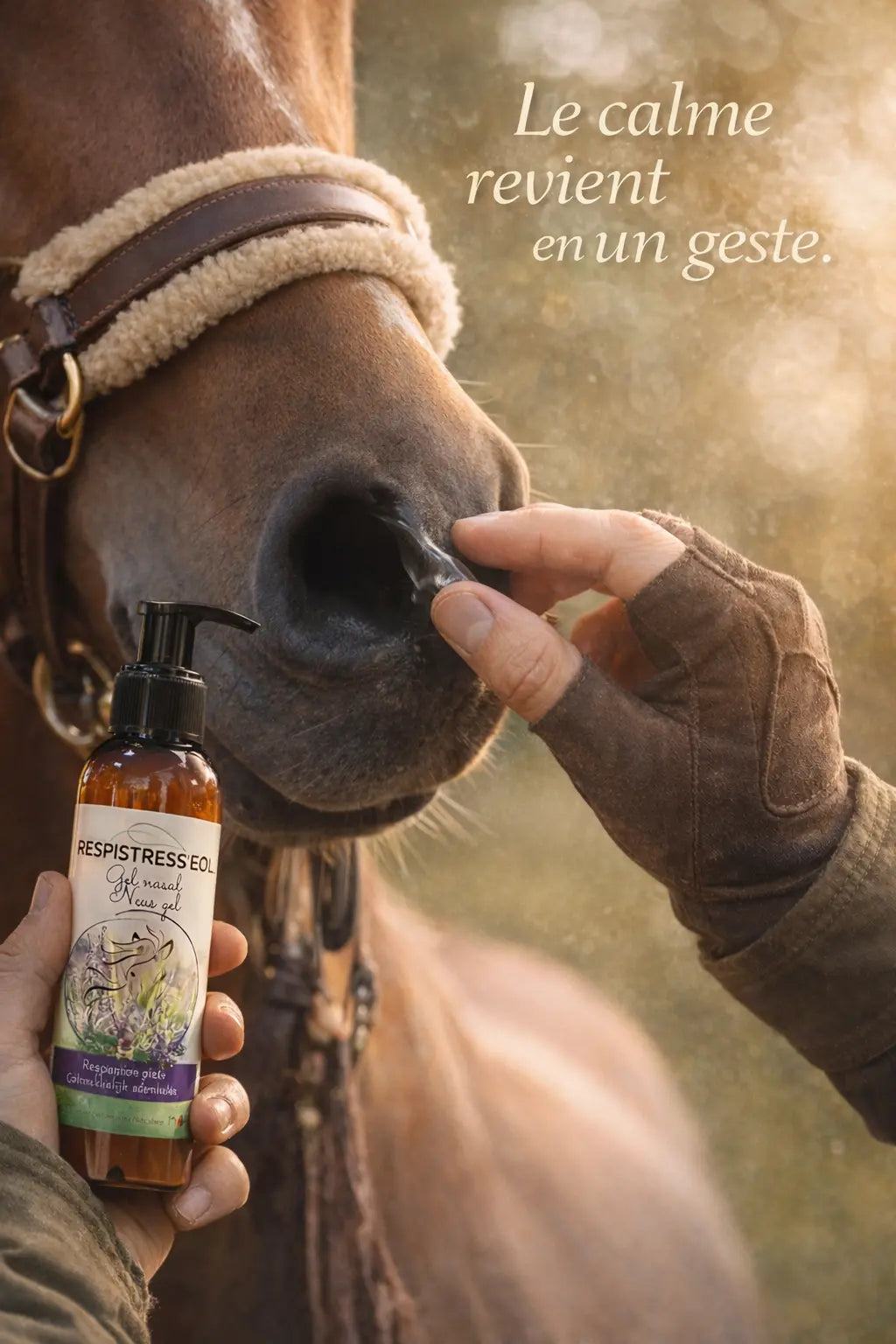 Application du gel Respistresseol sur un cheval stressé pour un apaisement immédiat.