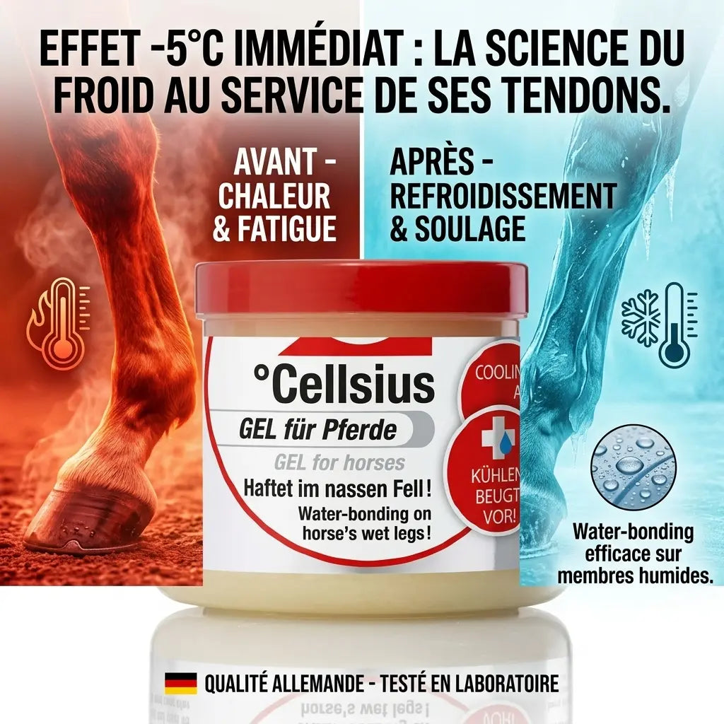 Gel Celsius Leovet : effet froid instantané pour tendons du cheval après effort.