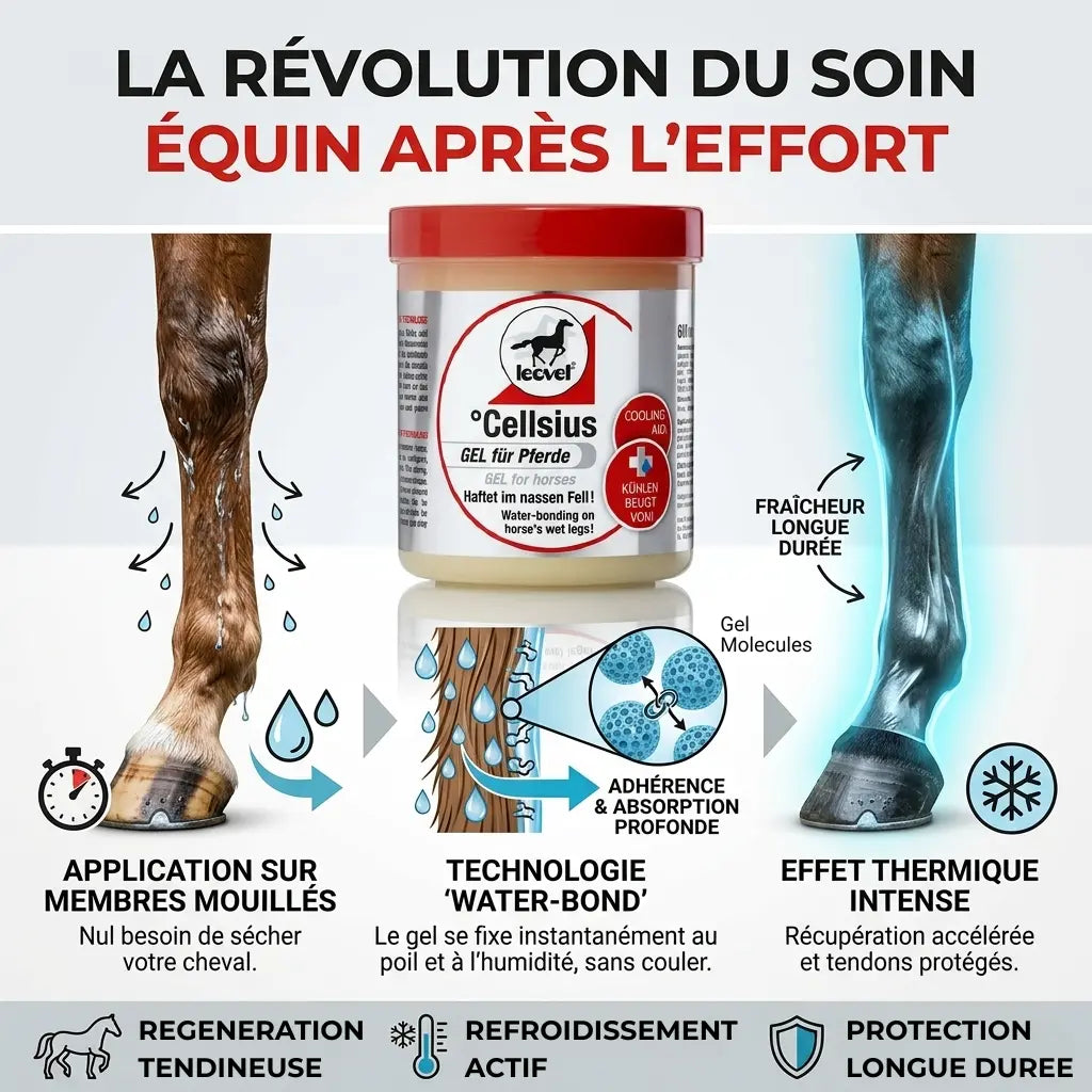 Application gel Leovet Celsius sur membres humides du cheval, technologie Water-Bond.