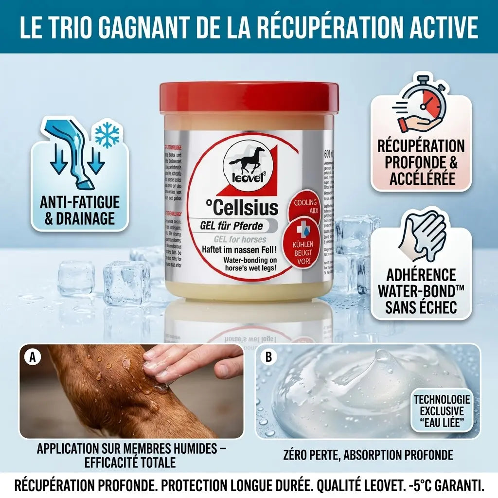 Bidon 600ml Gel Celsius Leovet pour massage et récupération des jambes du cheval.