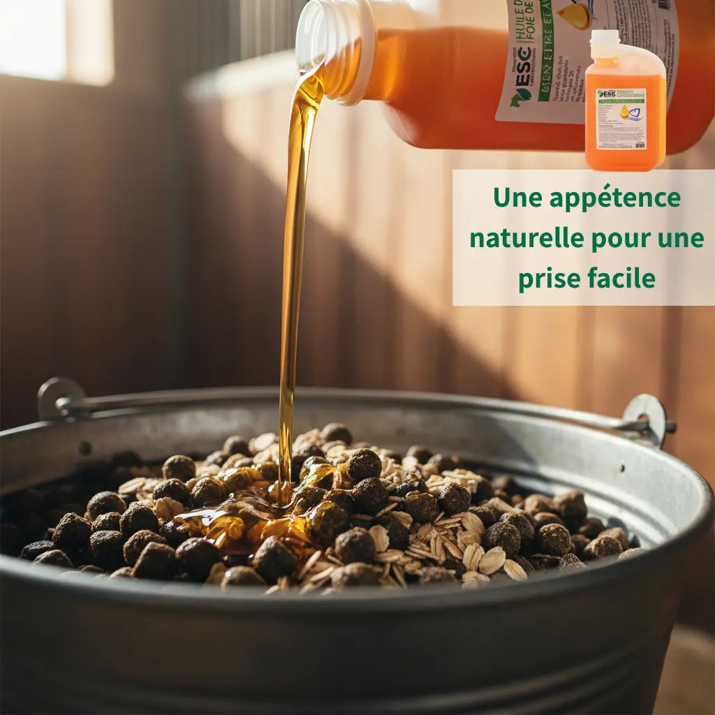 Huile de foie de morue versée sur une ration pour cheval, riche en Oméga 3.