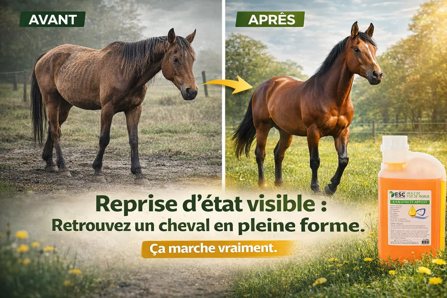 Comparaison avant après cure huile foie de morue sur la forme du cheval.