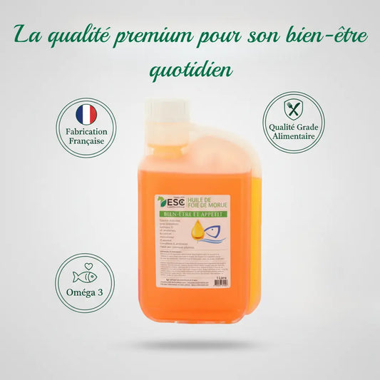 Bidon huile foie de morue Equinspiration, qualité premium française pour chevaux.