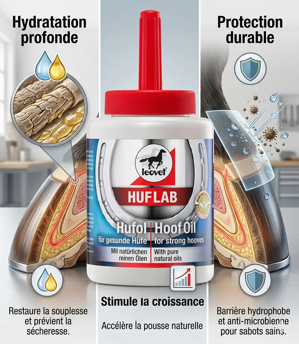 Infographie huile sabot Leovet : hydratation et croissance