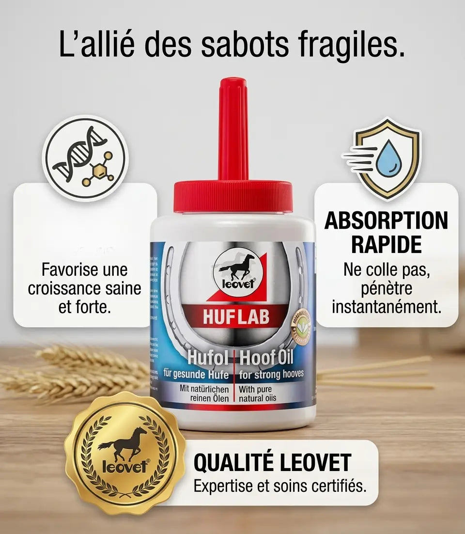 Huile Huflab Leovet fortifiante pour chevaux.