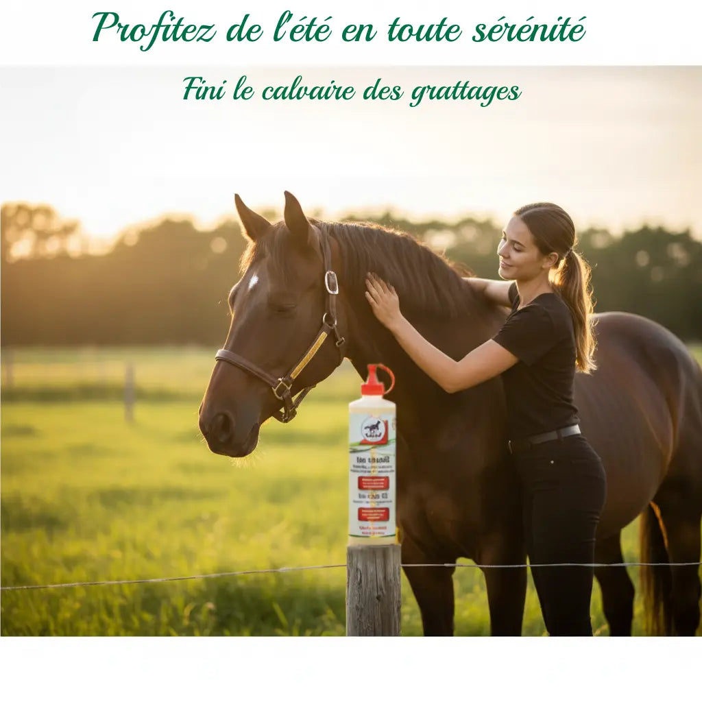 Cheval serein au pré protégé de la dermite estivale avec le soin Leovet.