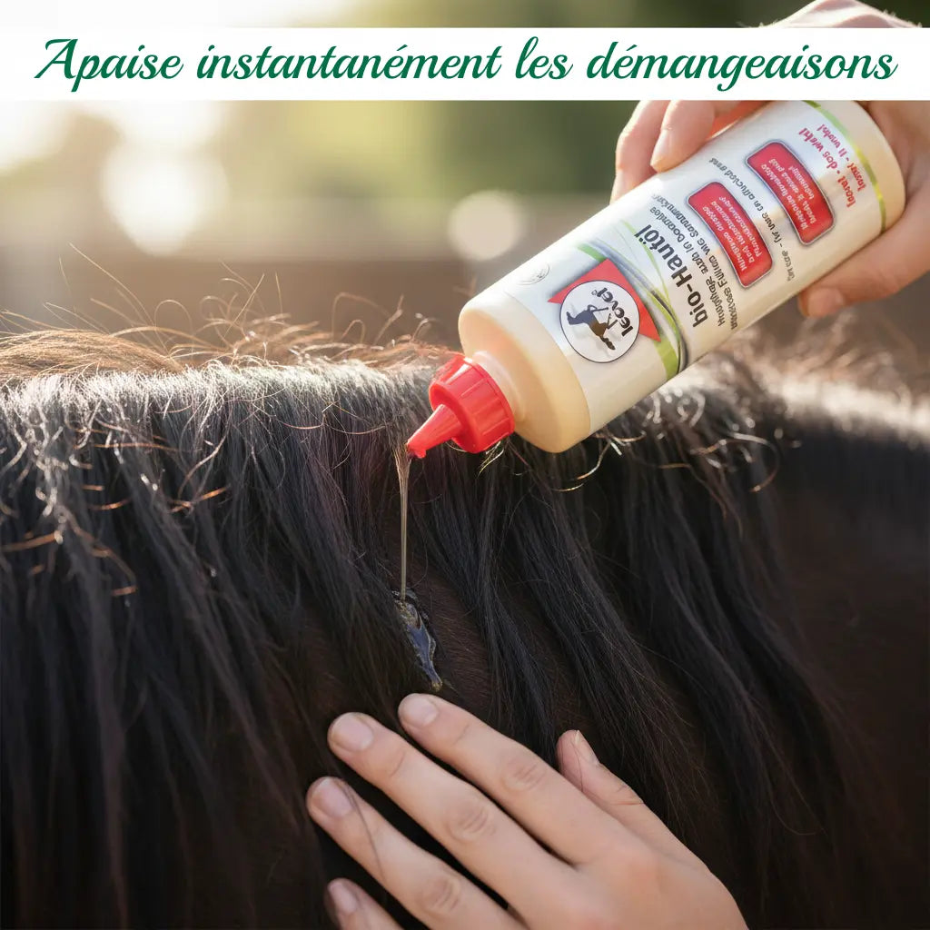 Huile Leovet Hautöl apaisant la crinière d'un cheval souffrant de dermite.