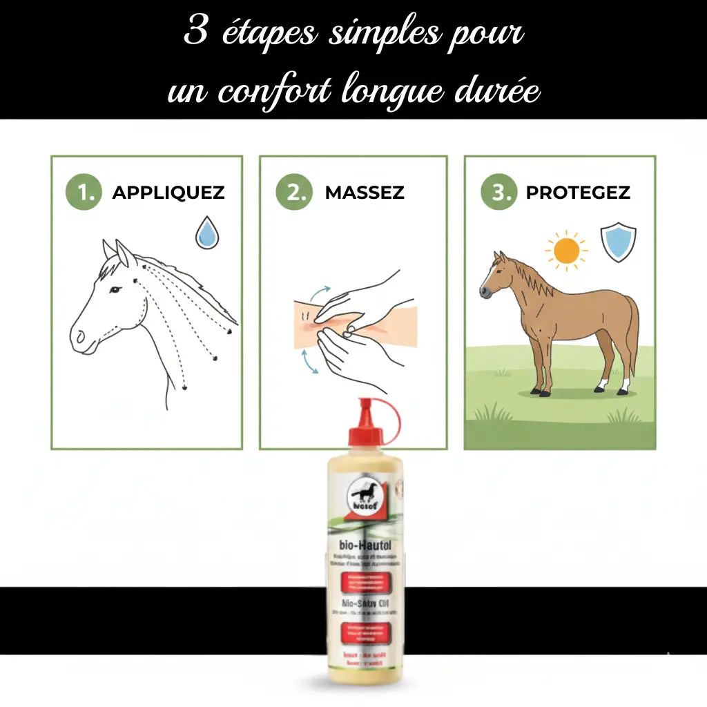 Guide d'utilisation de l'huile Hautöl Leovet pour protéger le cheval.