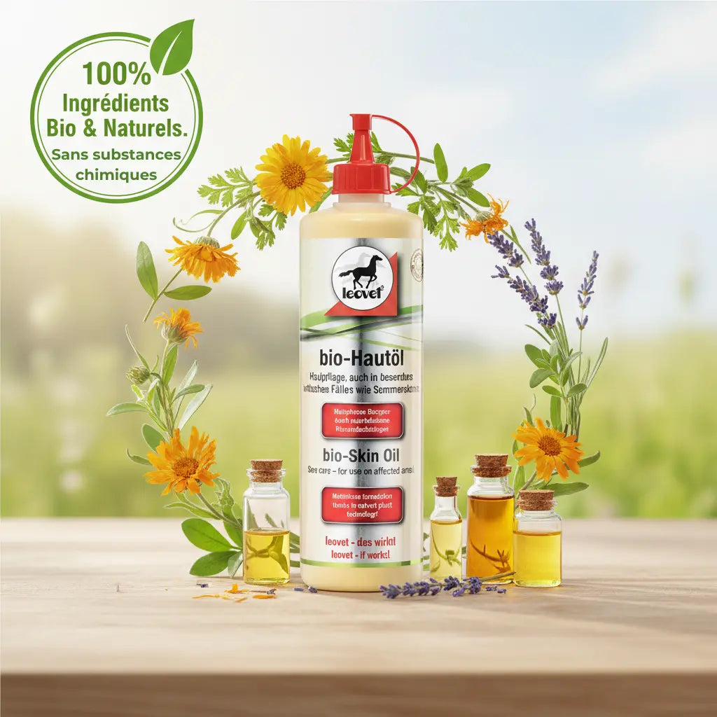Soin naturel bio Leovet pour la peau sensible du cheval face aux insectes.