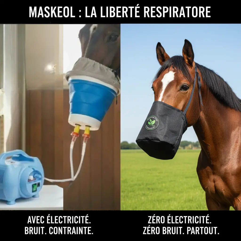 Masque inhalation cheval Maskeol sans électricité utilisé au pré pour emphysème.