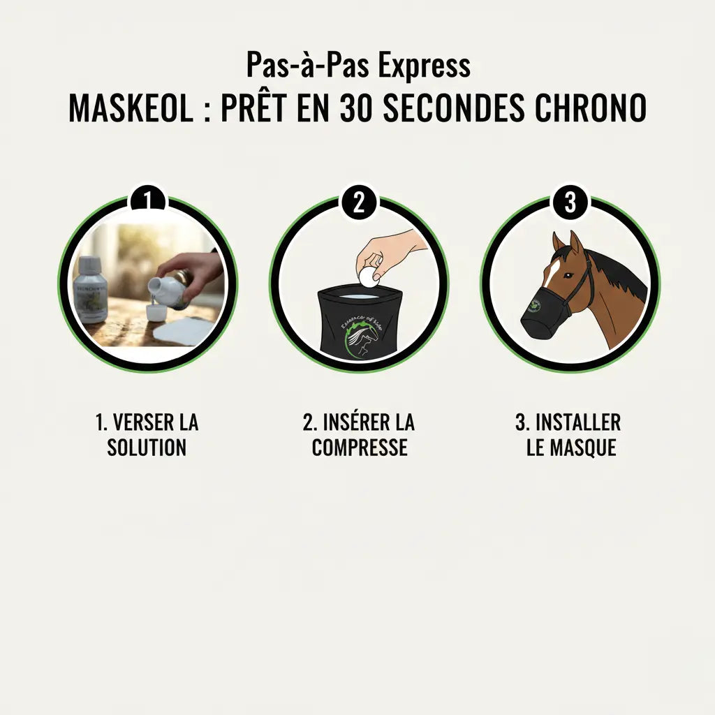 Tutoriel installation masque Maskeol inhalation cheval en 3 étapes simples.