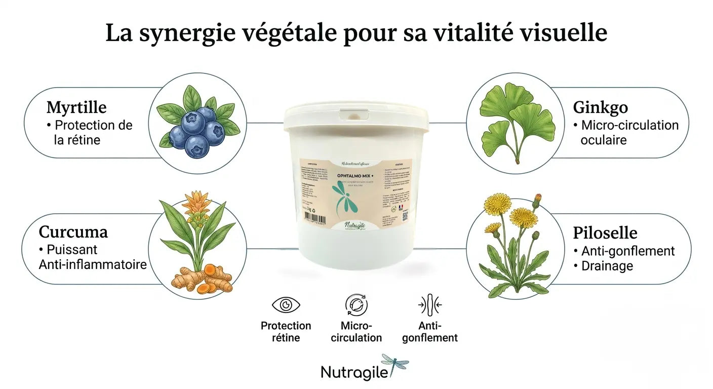 Ingrédients naturels de l’Ophtalmo Mix Nutragile pour le drainage et l'œil du cheval.