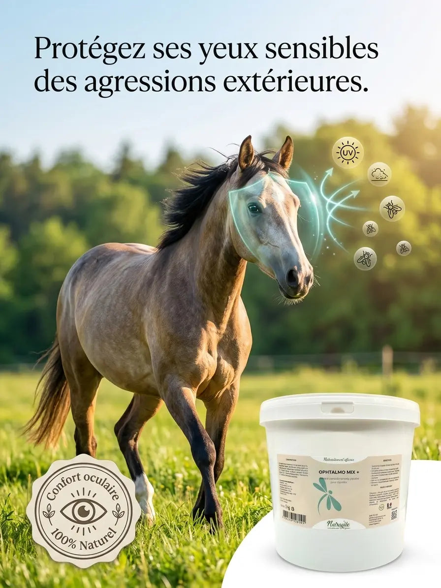 Complément oculaire naturel pour cheval aux yeux sensibles et larmoyants.