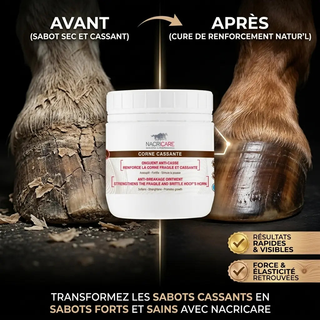 Avant-après onguent sabot cheval : corne cassante vs corne réparée et brillante.