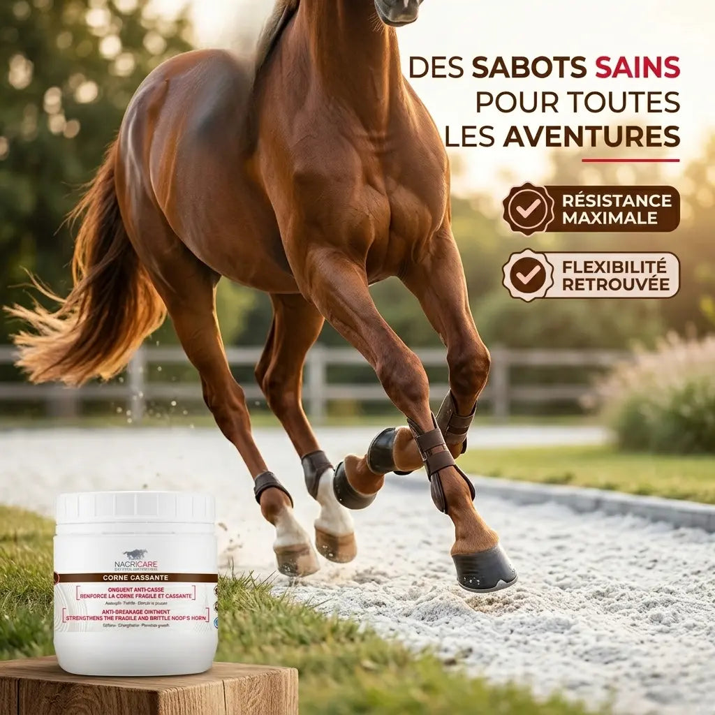 Cheval au galop montrant des sabots sains et brillants grâce à l'onguent Nacricare.