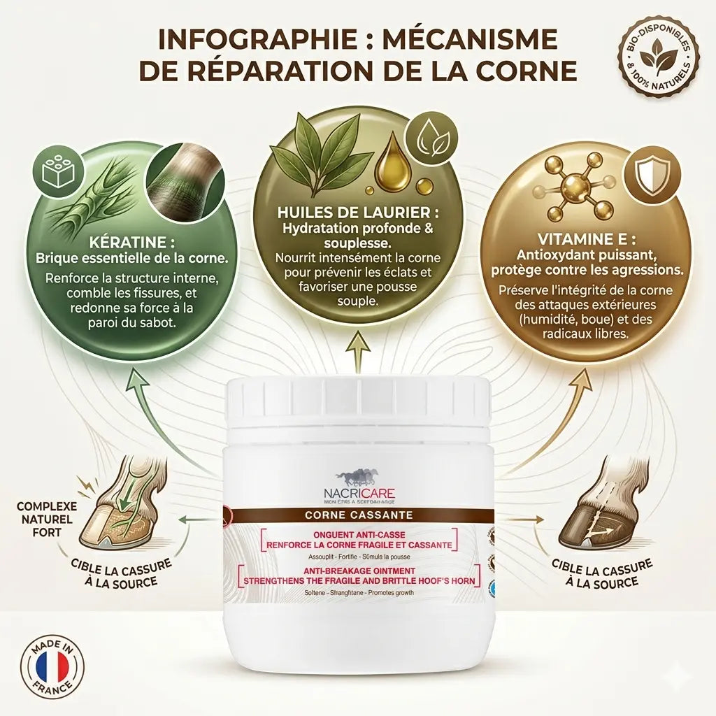 nfographie onguent sabots Nacricare expliquant l'action de la kératine, de l'huile de laurier et de la vitamine E.
