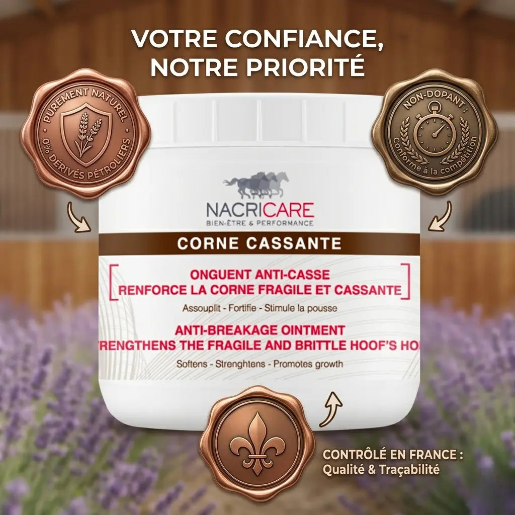 Packshot réassurance onguent Nacricare : naturel, non-dopant, fabriqué en France, sans goudron.