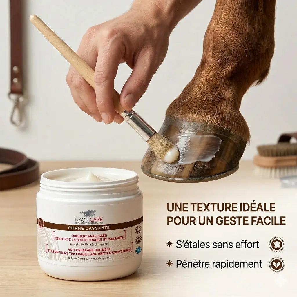Application facile onguent sabots Nacricare avec pinceau, texture onctueuse pénètre la corne.