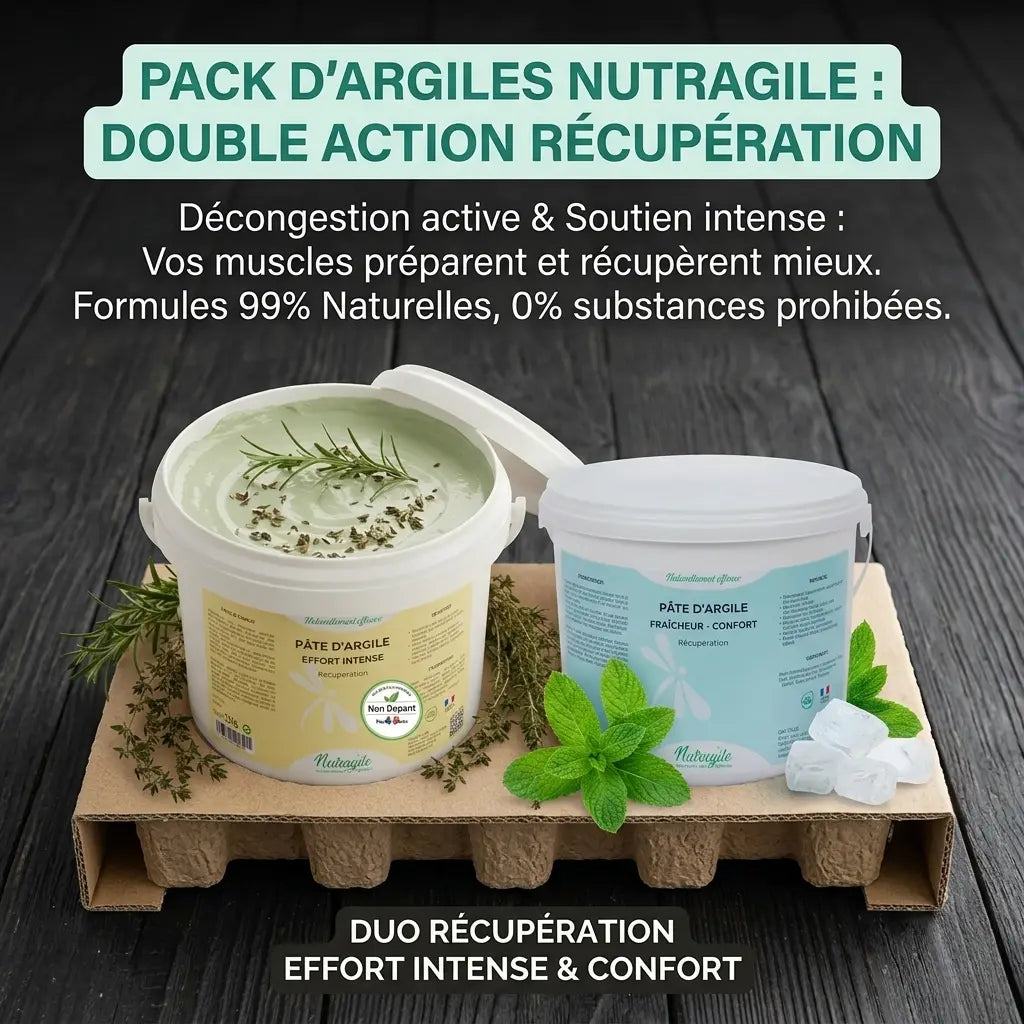 Pack de deux pots d'argile Nutragile pour cheval : Argile Fraîcheur Menthol et Argile Effort Intense aux 10 plantes pour la récupération des membres.