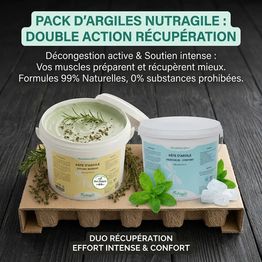 Pack de deux pots d'argile Nutragile pour cheval : Argile Fraîcheur Menthol et Argile Effort Intense aux 10 plantes pour la récupération des membres.